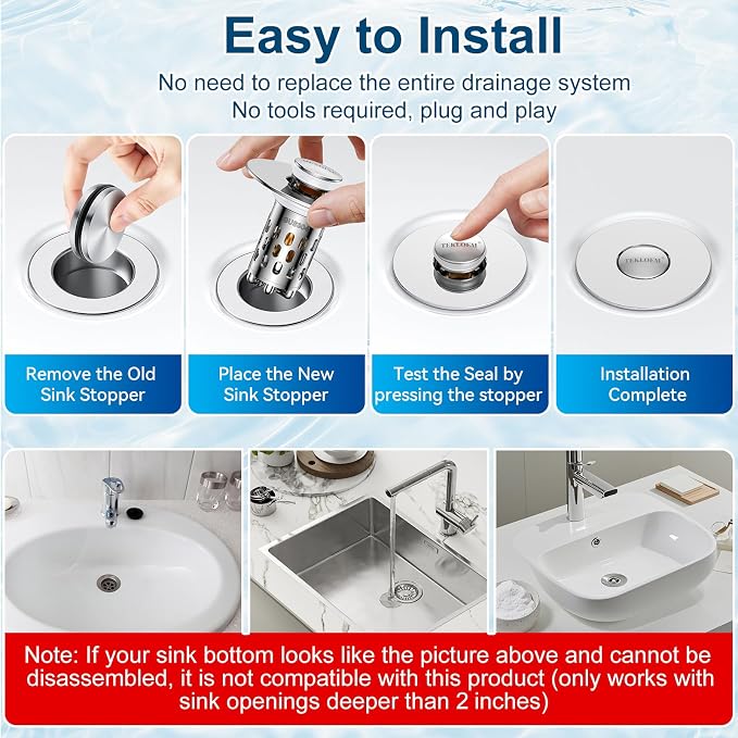 Bathroom Sink Drain Strainer,All Metal Pop-Up Sink Stopper with Removable Stainless Steel Filter Basket, Universal Bathroom Hair Catcher Fit for 1.1-2.36'' Drain (Silver, 2 Pack)
