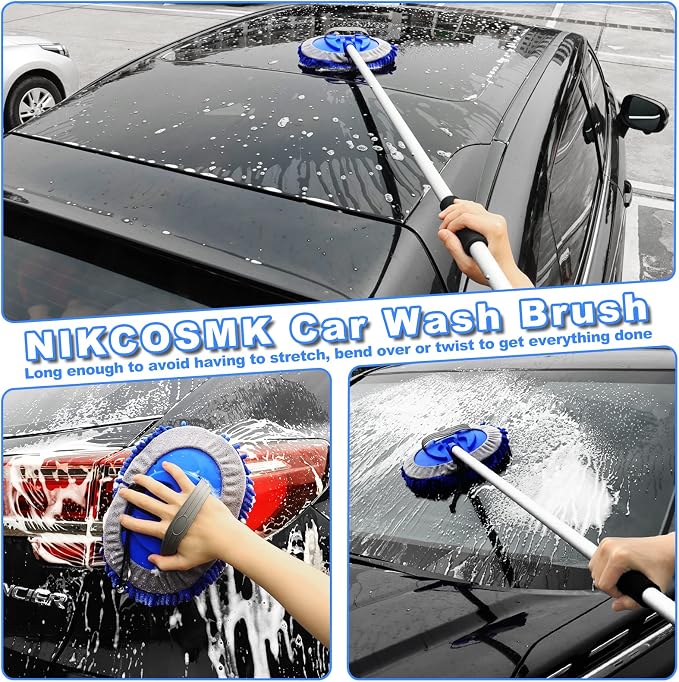 62'' Car Wash Brush Kit - Mitt, Mop, Sponge & Long Handle, Scratch-Free Chenille Replacement Head, Wheel Tire Brush, Car Detailing Kit for Cars, RV, Truck