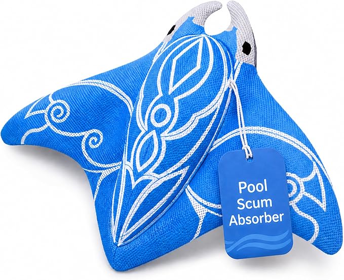 Swimming Pool & Swim Spa Scum Absorber - Blue Oil Absorbing Stingray, Reusable Floating Sponge Soaks Up Oil Lotion Makeup, Machine Washable, Inground & Above Ground Pools