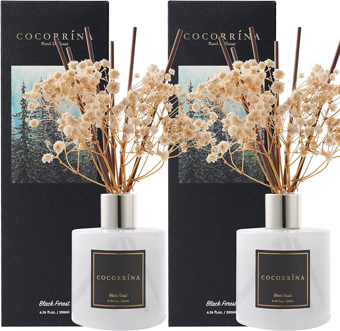 Premium Reed Diffuser Set with Preserved Baby's Breath & Cotton Stick Black Forest 2 Packs, 6.7oz Scent Fragrance Oil Diffuser for Bedroom Bathroom Home Décor