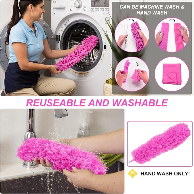 CALBEAU Microfiber Dusters for Cleaning, Dusters with Extension Pole | 15 PCS Feather Duster Kit for Ceiling Fan, Blinds, Cars, Furniture, High Walls; Pink Cleaning Tools, Gift for Women