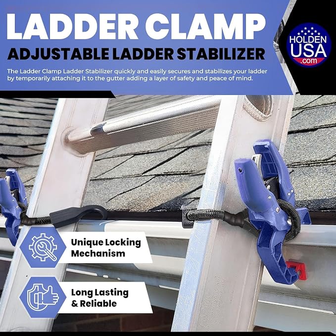 Holden USA - Ladder Clamp - Stabilizer Clip – Secure Safety Clamp for Roof, Gutters, and Wall Prep – Durable Support Cord for Roofing and Gutter Tasks (Pair / 2 Units) Blue