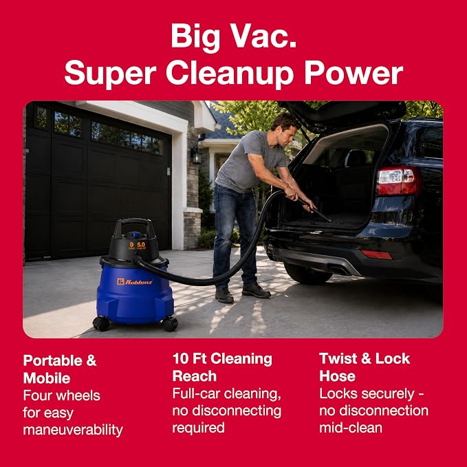 Koblenz WD-9 L212 Wet Dry Vacuum Cleaner, 9 Gallon, 5.0 PHP | 3-in-1 Suction & Blower, Big Vacuum Cleaners for Home, Heavy Duty Shop Vac, CLICK-N-LOCK Hose, Swivel Casters, Black/Blue