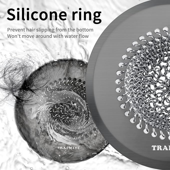 TRAPMATE Shower Hair Drain Catcher, Easy Clean Bathtub Drain Hair Catcher, Fast Drainage Tub Drain Protector, Stainless Steel Shower Drain Cover for US Standard Regular & Pop-up Drain Screen (Black)
