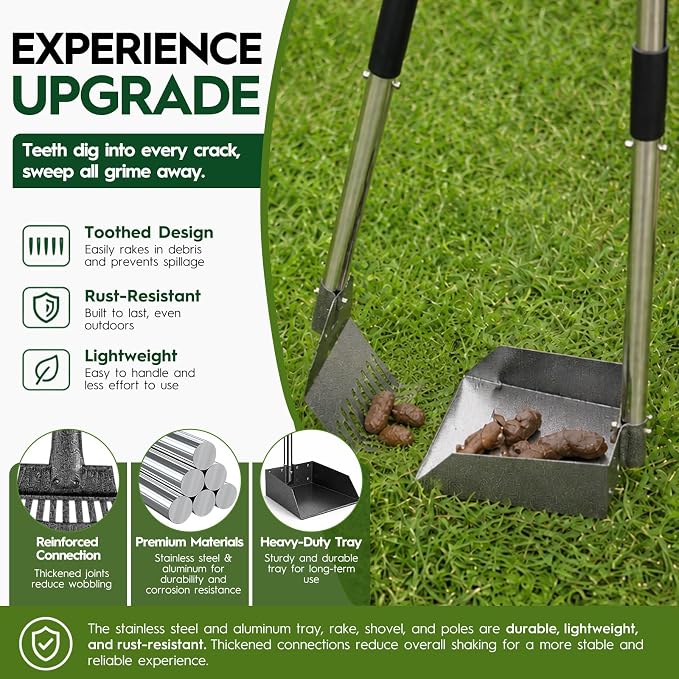 Dog Pooper Scooper for Large Dogs，10.25"X9.26" Extra Large Tray | Free with three extension rods, Reduce the frequency of garbage trips, for Large, Medium, Small Dogs & Multi-Dog Households