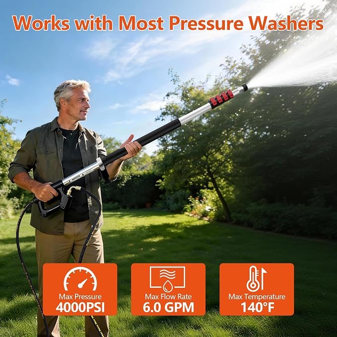 Telescoping Pressure Washer Wand 24 ft Pressure Washer Extension Wand 24 Feet Power Washer Extension Wand Aluminum with Brush Head,Gutter Cleaner, 5 Spray Nozzle Tips, 2 Hose Adapters, Support Belt