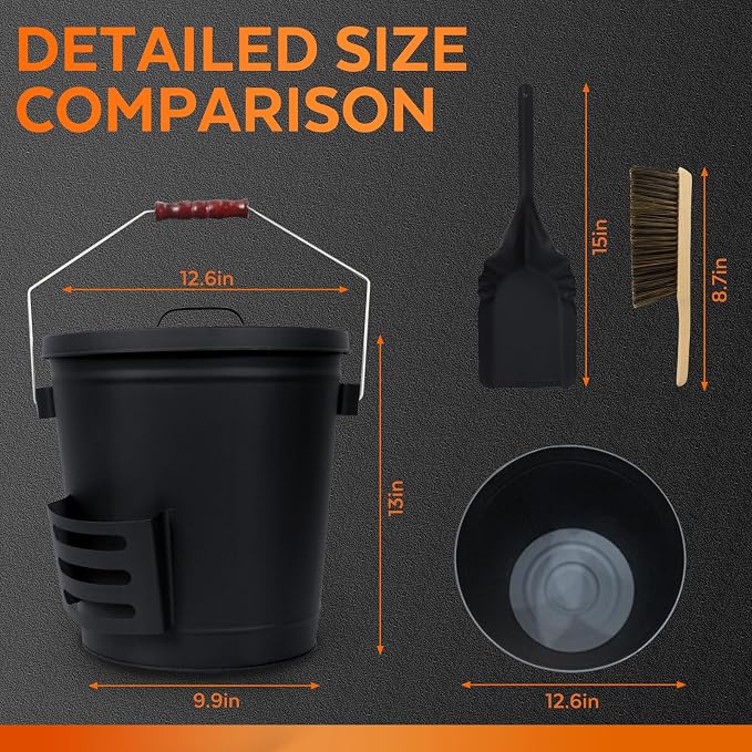 5.2 Gallon Ash Bucket with Lid and Shovel, Metal Fireplace Ash Bucket with Broom, Complete Fireplace Tools Set for Wood Stove and Fireplace