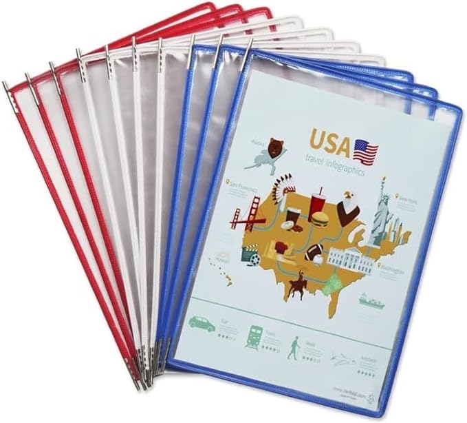 Tarifold Desktop Reference Display System, 10 Pockets, Expandable, Blue | 10 double-sided PVC pockets hold 20 letter-size sheets, sturdy metal base, quick-find indexing, easy to assemble