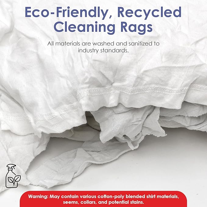 Huck & Terry White T-Shirt Bag of Rags (1 LB Bag), 100% Recycled Material, Cotton Blend Bar Mop, Reclaimed, Eco-Friendly Cloth, Cleaning & Painting Rags, Lint Free, Highly Absorbent
