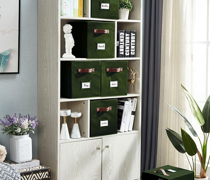 DECOMOMO Storage Bins, Cube Storage Bin with Labels, Fabric Storage Cubes for Shelves (10.5" x 11" / 6pcs, Olive Green)