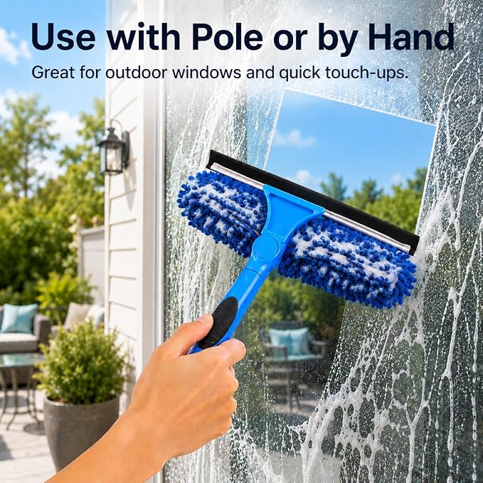 2-in-1 Window Cleaning Kit with Bucket, Extension Pole & Squeegee | 86-in pole, 3-gal bucket, reusable pads & rotating head for high windows, outdoor glass, mirrors, cars & solar panels