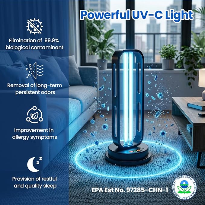 Metal UV Light Sanitizer, 55W Ultraviolet Sanitizer w/o Ozone, Ultraviolet Light with 3 Speed Timings, Home Disinfection Device, Dust Mites Remover for Room, Kitchen, Hotel, Office