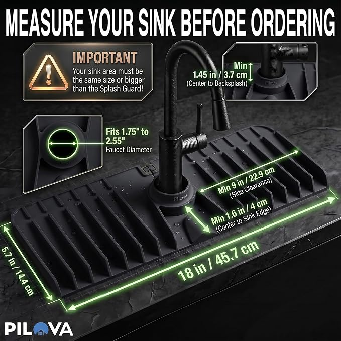 Premium Kitchen Sink Splash Guard – 18" x 5.7" Silicone Faucet Mat with Secure Pressure Clip, True 10° 3D Drainage(No Pooling), Anti-Lift Design, Flexible Leak-Sealing Ring, Non-Slip Fit Behind Faucet