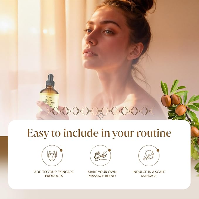 SIVA ORGANICS Jojoba Carrier Oil with Dropper, 4 Fl Oz (118 ml) | Jojoba Oil for Skin Care, Facial Oil, Hair Care, Scalp Massage, Nail Care, Body Massage & DIY Beauty Blends, Glass Bottle