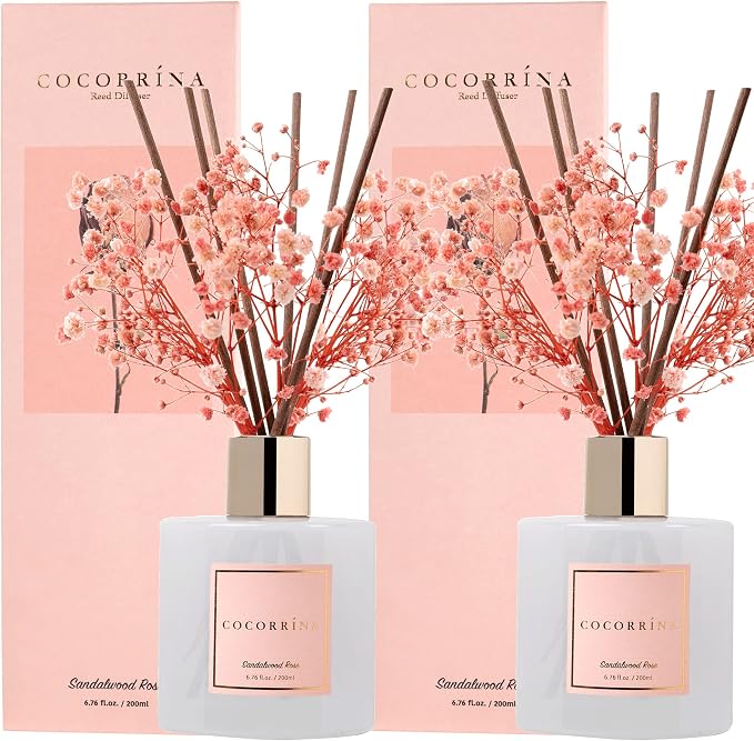 Premium Reed Diffuser Set with Preserved Baby's Breath & Cotton Stick Sandalwood Rose 2 Packs, 6.7oz Scent Fragrance Oil Diffuser for Bedroom Bathroom Home Décor