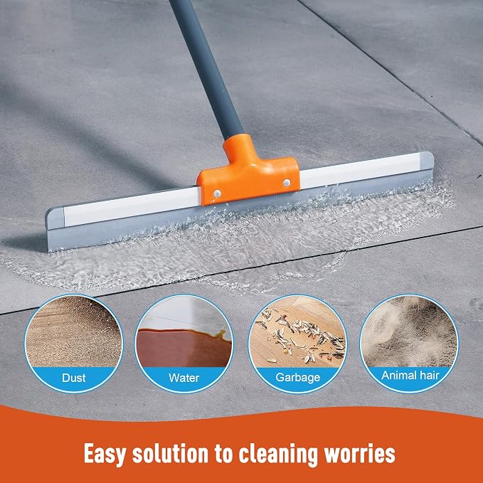 CLEANHOME Rubber Floor Squeegee with Extendable Long Handle | Concrete Floor, Tile Floor, Metal Aluminium Head, Heavy Duty Garage Shower Floor Squeegee Broom for Removing Water