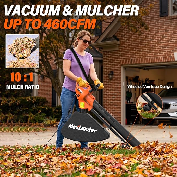MAXLANDER 3 in 1 Electric Corded Leaf Blower, Leaf Vacuum and Leaf Mulcher | 460CFM 170MPH Powerful Leaf Vacuum with 34L Collection Bag, 10:1 Mulch Ratio, Corded Leaf Blowers for Lawn Yard Cleanup