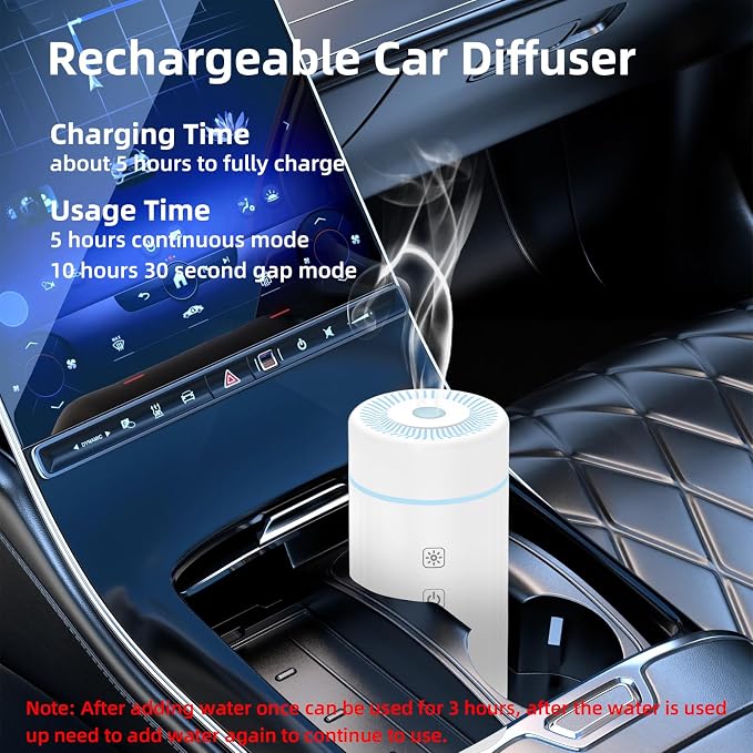 SEEDSEEL 100ML Car Essential Oil Diffuser, Rechargeable Battery Powered, Cordless Portable Diffuser with 7 LED Color Changing Lights for Travel (White)