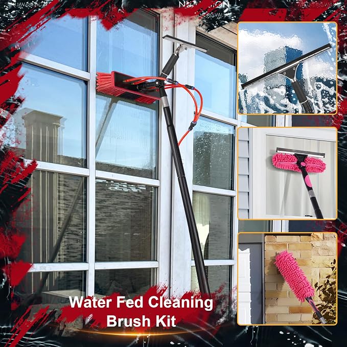 35ft Water Fed Pole Kit, Rotatable Solar Panel Cleaning Brush & Squeegee, 2 Dusting Brushes, Extendable Black Lightweight Pole for Roof Window