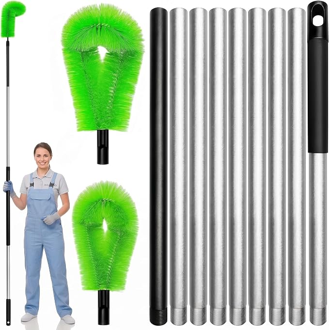 12.7 FT Gutter Cleaning Tools from The Ground with 2Pcs Nylon Brush Stainless Steel Telescopic Pole Adjustable Gutter Cleaner Tools No Ladder Needed for Easy Remove (Green)