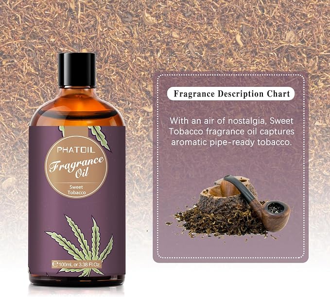 PHATOIL Sweet Tobacco Fragrance Oil for Diffuser Aromatherapy 3.38FL.OZ | Long Lasting Scented Oils For Humidifier, Air Freshener, DIY Soap Candle, Scent Project Making, Aroma Oil for Home Freshening