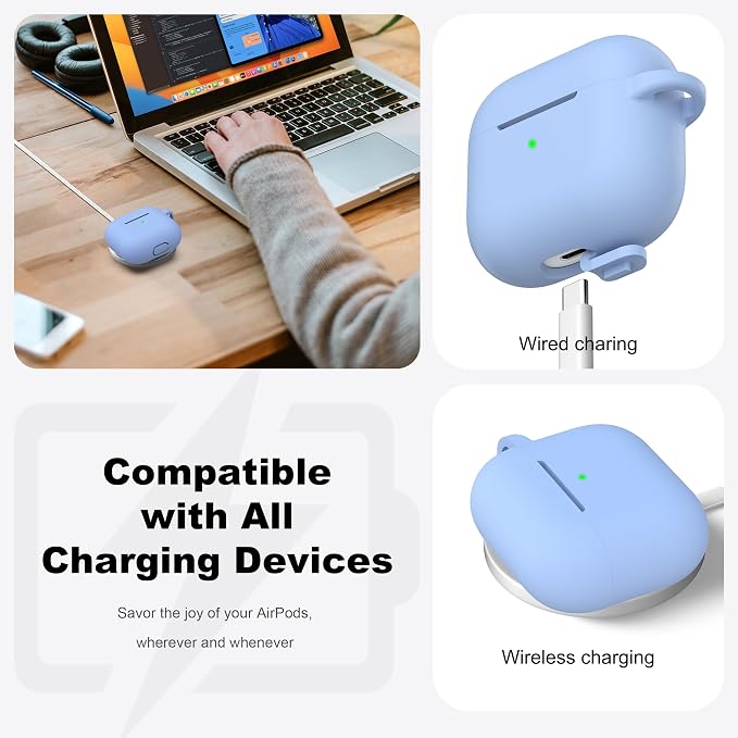 Compatible with AirPods 3 Case Cover, Silicone Protective Accessories Skin with Keychain Compatible with Apple AirPod 3rd Generation 2021 for Women Men Girls Boys,Front LED Visible,Blue Grey