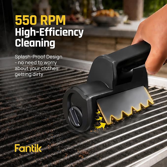 Fantik Electric Grill Brush, Cordless Rechargeable BBQ Grill Cleaner | Built-in LED for Night Use, w/550 RPM, Reinforced 304 Stainless Steel & Dishwasher Safe Removable Brushes, for Outdoor Grill