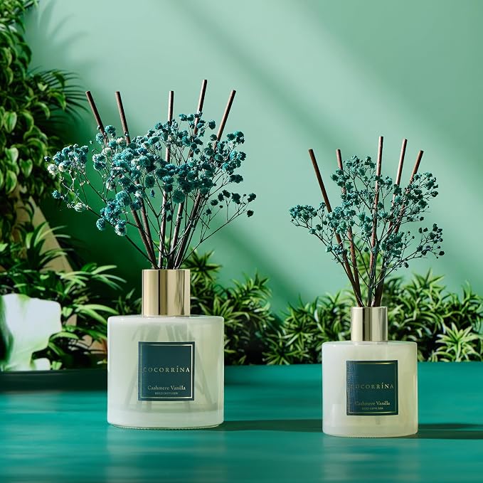 Reed Diffuser - Cashmere Vanilla 17 Fl.oz Reed Diffuser with 8 Sticks Scented Diffuser with Preserved Flowers for Bathroom Home Decor