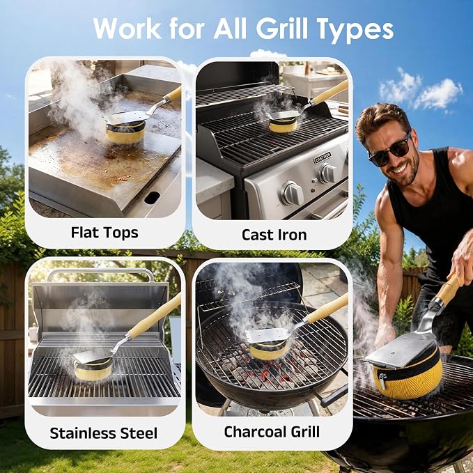 Grill Brush Bristle Free with Scraper, Safe Steam Grill Cleaner for BBQ & Griddle Fire Resistant Outdoor Grill Cleaning Brush with Replaceable Head & Long Handle, Ideal BBQ Gifts for Men Dad