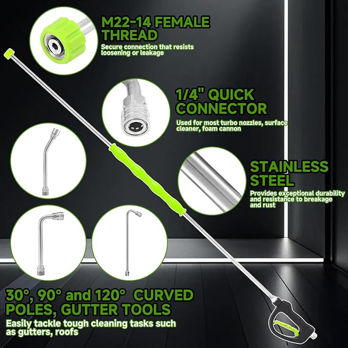 RIDGE WASHER Pressure Washer Extension Wand 120 Inch, Stainless Steel | 30°/90°/120° Curved Rod, Gutter Cleaner Attachment with 5 Nozzles, 4000 PSI