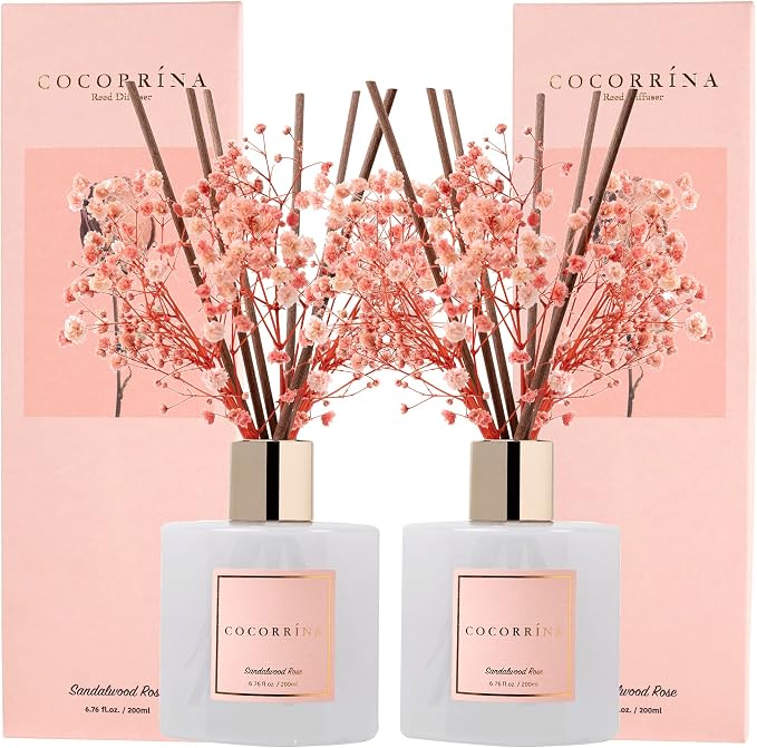 Premium Reed Diffuser Set with Preserved Baby's Breath & Cotton Stick Sandalwood Rose 2 Packs, 6.7oz Scent Fragrance Oil Diffuser for Bedroom Bathroom Home Décor