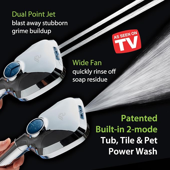 AquaCare High Pressure 10 Spray Mode Filtered Showerhead - Handheld Shower Head Filters Chlorine to Heal Dry Skin, Revive Hair - Dual Power Wash Cleans Tub, Tile, Pets - Hard Water Softener, Chrome