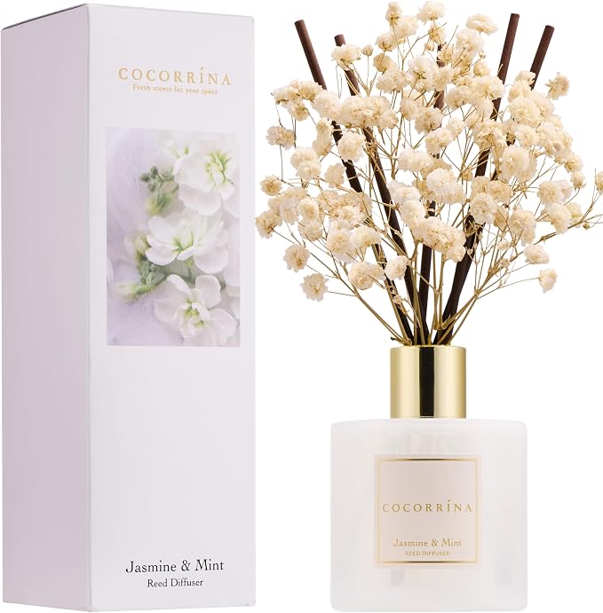 Reed Diffuser - Jasmine & Mint 6.7 Fl.oz Reed Diffuser Set with Sticks & Preserved Baby's Breath, Reed Diffuser for Home Bathroom Shelf Decor