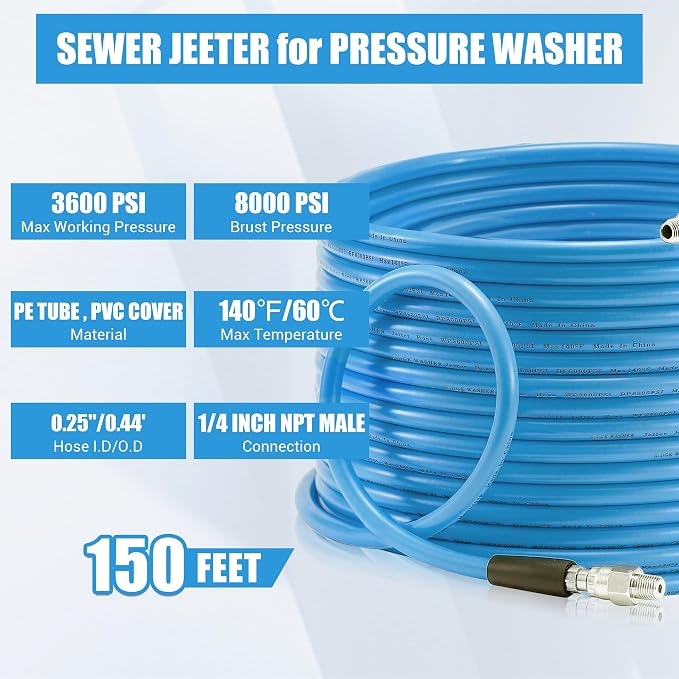 Sewer Jetter Kit for Pressure Washer, 150FT | 3600 PSI Drain Cleaning Hose with Short Power Washer Gun, 1/4 Inch NPT Corner, Rotating and Button Nose Sewer Jetting Nozzle