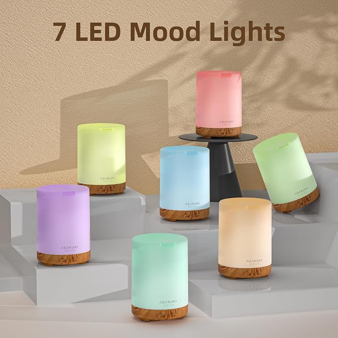 ASAKUKI Essential Oil Diffuser for Home with 6 Essential Oil Sets | 300ml Quiet Diffuser with Automatic Shut-Off, 7 LED Lights for Living Room, Kitchen, Bedroom, Hotel