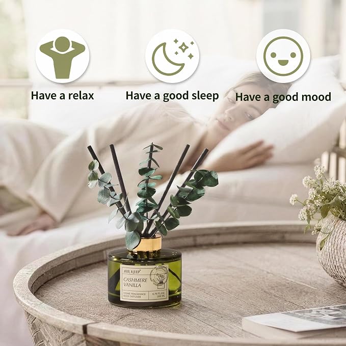 Reed Diffuser Set with 6.76 fl oz Cashmere Vanilla Scent Essential Oils and 3 Leaves & 8 Diffuser Sticks,Bathroom Shelf Decor & Air Freshener, House Bedroom Office Decor & Gifts