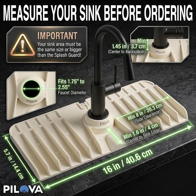 Premium Kitchen Sink Splash Guard – 16" x 5.7" Silicone Faucet Mat with Secure Pressure Clip, True 10° 3D Drainage(No Pooling), Anti-Lift Design, Flexible Leak-Sealing Ring, Non-Slip Fit Behind Faucet