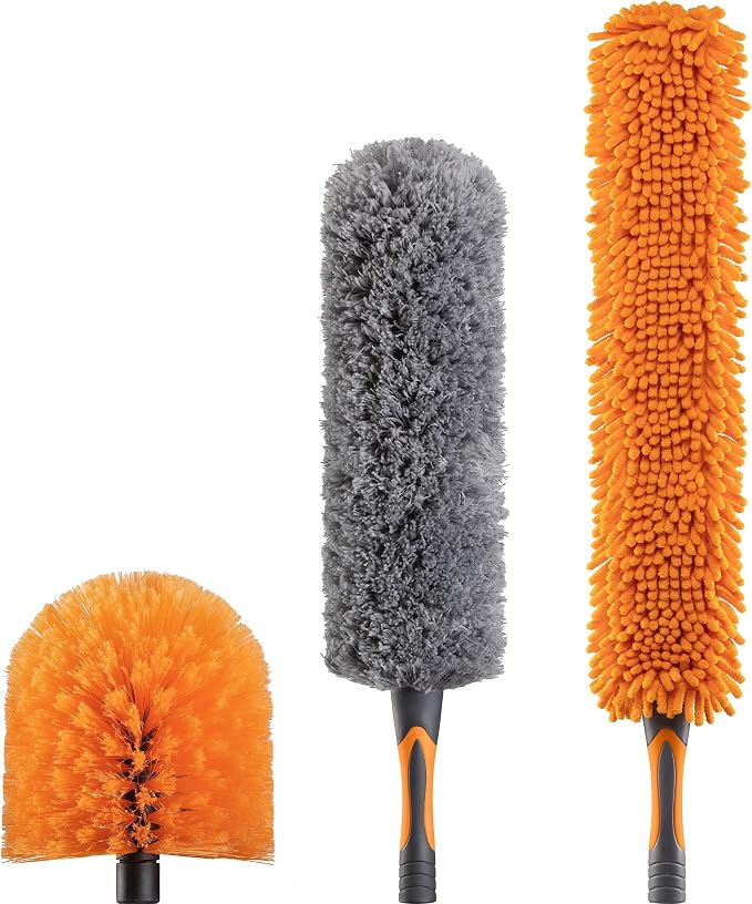 Dusting Kit for Extension Pole or by Hand (Pole Sold Separately) | Includes 3 Twist-On Attachments: Cobweb Brush, Feather Duster, Flexible Ceiling Fan Duster