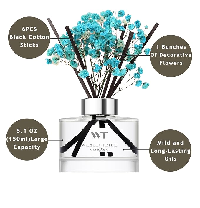 Flower Reed Diffuser Set Ocean Series Moss & Sea Salt Scent For Bathroom Accessories Shelf Decor & Air Fresheners, Sticks Defusers With 5.1 fl oz Essential Oils, House Office Decor & Gifts