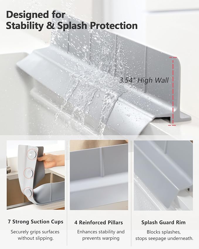 Kitchen Sink Splash Guard 23" 18" 30" Self-Draining Silicone Water Guard with High Splash Wall & Strong Suction Cups for Faucet, Countertop & Sink Edge, Keeps Sinks Dry, Dishwasher Safe, Gray