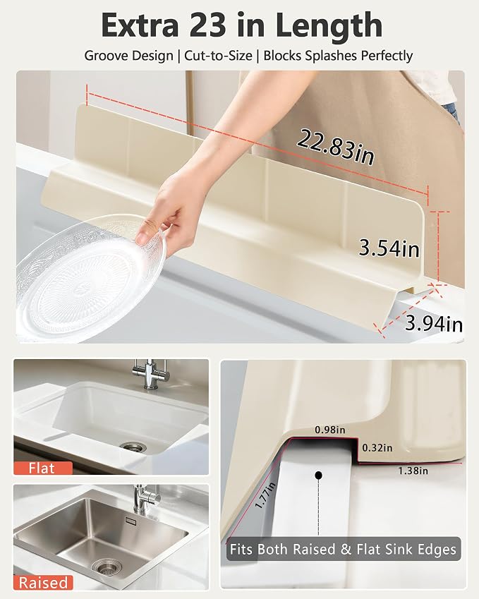 Kitchen Sink Splash Guard 23" 18" 30" Self-Draining Silicone Water Guard with High Splash Wall & Strong Suction Cups for Faucet, Countertop & Sink Edge, Keeps Sinks Dry, Dishwasher Safe,Cream