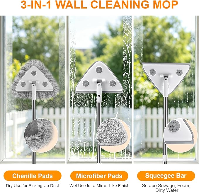 MUEE Window Squeegee with 78" Extension Pole, High Reach Window Cleaner | 78" Long Handle for Ladder-Free Cleaning, 180° Swivel Head, 6 Washable Reusable Microfiber Pads for Windows, Walls & Ceilings