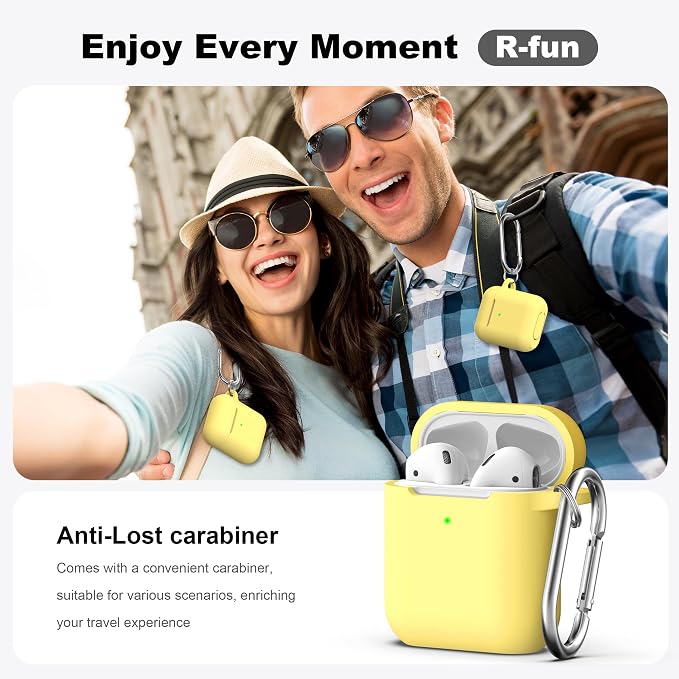 R-fun for AirPods 1/2 Case, Soft Silicone Protective Cover with Keychain and Cleaning Pen, Compatible with AirPods 2nd/1st Generation (2016/2019), Full Drop Protection Cover, Yellow