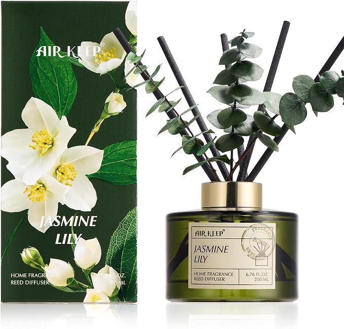 Reed Diffuser Set with 6.76 fl oz Jasmine Lily Scent Essential Oils and 3 Leaves & 8 Diffuser Sticks,Bathroom Shelf Decor & Air Freshener, House Bedroom Office Decor & Gifts