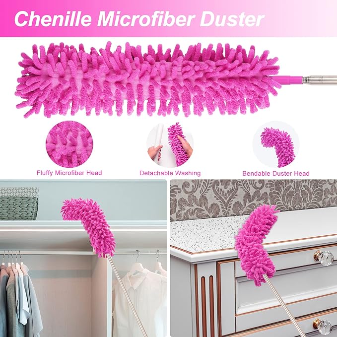 CALBEAU Microfiber Dusters for Cleaning, Dusters with Extension Pole | 15 PCS Feather Duster Kit for Ceiling Fan, Blinds, Cars, Furniture, High Walls; Pink Cleaning Tools, Gift for Women
