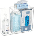 SEANADO Face Mask Dispenser 3 Compartment Acrylic Glove Box Holder Hygiene Station for Disposable Face Masks, Emesis Bag, Shoe Cover and Hairnet, Wall Mount Holes or Tabletop Holder （Clear）