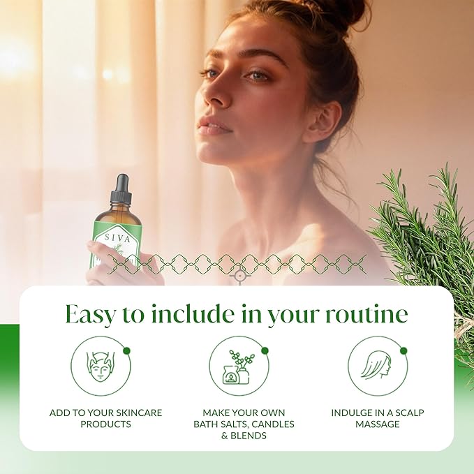 Siva Rosemary Essential Oil, Glass Bottle with Dropper, 4 Fl Oz (118 ml) | Rosemary Oil for Hair Care, Scalp Care, Diffuser, Humidifier, Skin, Body Massage, Soap Making, Candle Making & DIY Projects