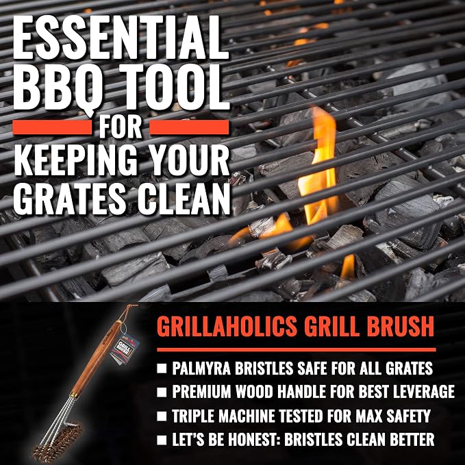 Natural Palmyra Fiber Bristle Grill Brush with Wooden Handle | All Natural | Non-Metal Bristles | Naturally Season Grill Grates