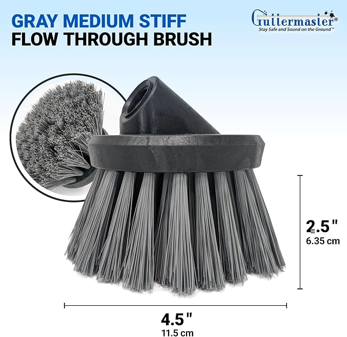 Guttermaster Grey Flow Through Brush, Medium Stiff, Round 4.5 Inch | GM-314P Polypropylene bristles, flow-through water function, fits standard threaded poles