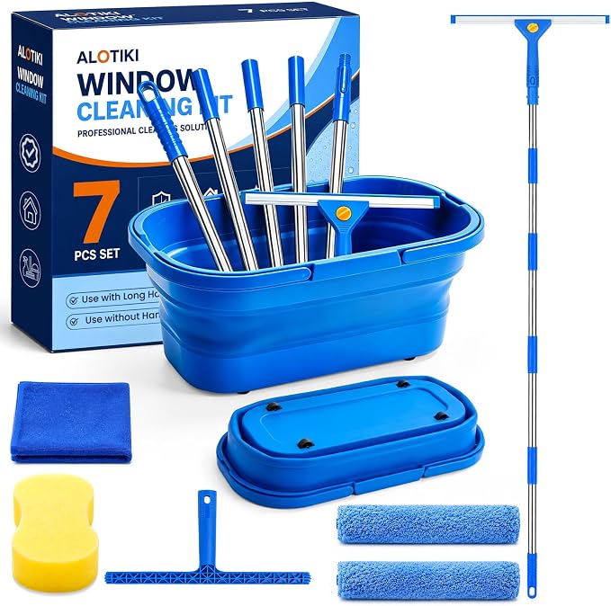 ALOTIKI 7Pcs Window Cleaning Kit with 3Gal Collapsible Bucket & 81"Squeegee | Professional Window Washing Kit with Extension Pole, Squeegee and Scrubber, Window Cleaner Tool for Shower Glass & Commercial